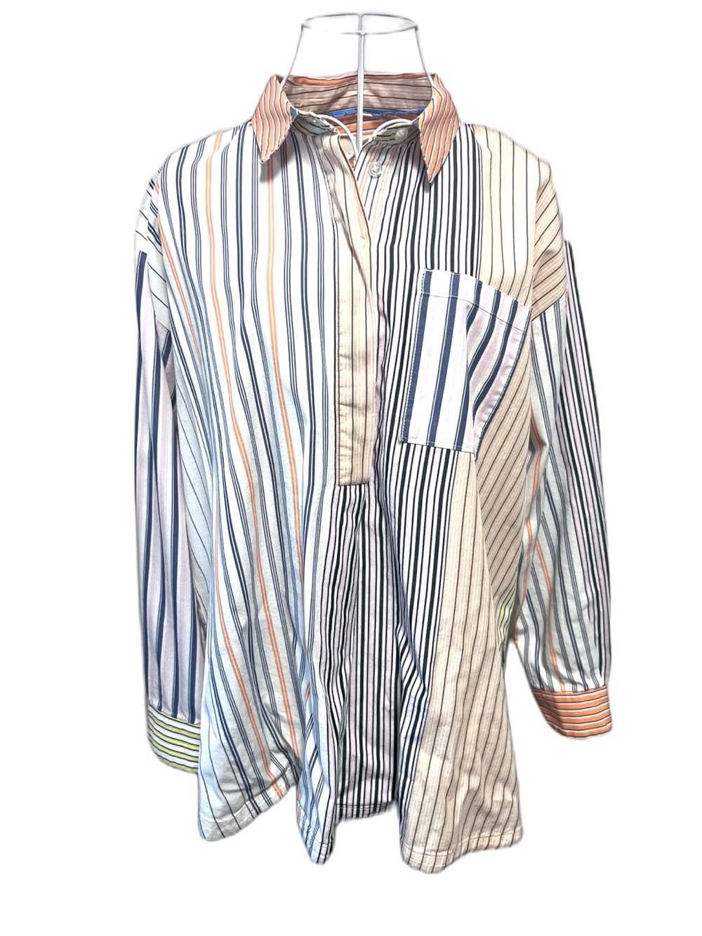 Anthropologie Maeve Striped Alix Henley Button-Down Shirt Long Sleeve Patchwork - Picture 2 of 10